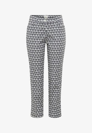 Witte cropped broek met zwart schelpjespatroon, knoopsluiting aan de voorkant en ritssluiting.