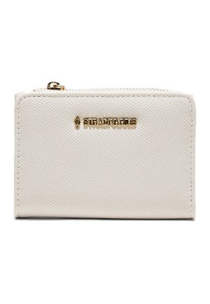 Biała, teksturowana skórzana portmonetka ze złotym zamkiem błyskawicznym i złotym logo "Stradivarius" umieszczonym na środku przodu.