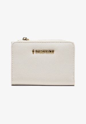 Hvid tekstureret læderpung med en guldfarvet lynlås og guldfarvet "Stradivarius" logo centreret på forsiden.