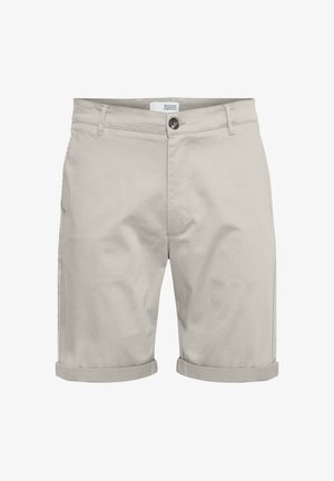 Beige afslappede shorts med opbrettede kanter, knap foran, bæltestropper og sidelommer, vist på en hvid baggrund.
