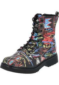 Stivale alla caviglia nero con motivi astratti colorati in stile graffiti, design con lacci, punta arrotondata, suola in gomma spessa e occhielli in metallo.