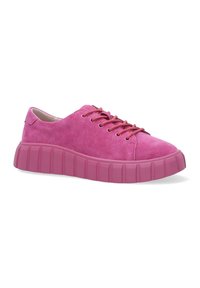 Rosa Wildlederschuhe mit einer dicken strukturierten Gummisohle im gestuften Design und passenden Schnürsenkeln, runder Zehenpartie und niedrigem Schnitt.