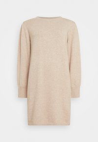 Vestido de punto beige con mangas largas, escote redondeado y puños acanalados. Textura suave con sutiles variaciones de color. Corte clásico.