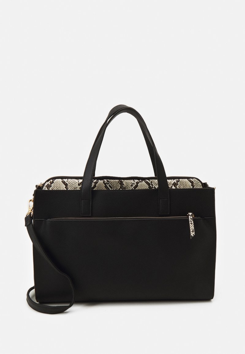 Black synthetic bag with a structured shape, featuring two top handles and a detachable shoulder strap. Accented with a snake print zipper pocket.