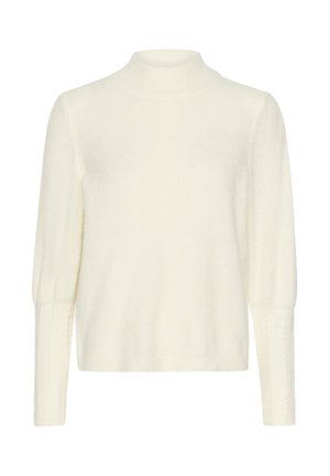 White turtleneck sweater made of soft, textured knit, featuring long sleeves with cable-knit accents at the cuffs and a relaxed fit.