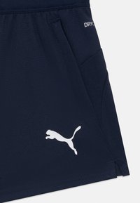 Pantalones cortos atléticos de color azul marino hechos de tela texturizada, con un logo blanco y pequeños bolsillos para funcionalidad. Incluyen tecnología de absorción de humedad.