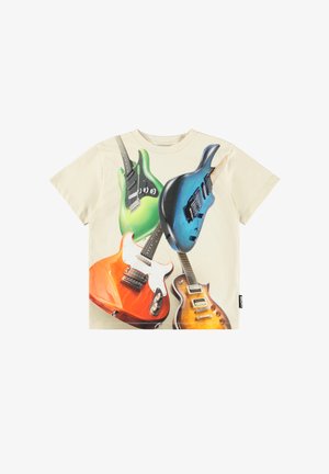 Cream t-shirt featuring a graphic print of four electric guitars in green, blue, orange, and brown with distinct shapes and hardware details.