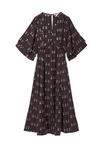 Maxikleid aus dunkelviolettem Stoff mit floralen Mustern. Verfügt über ausgestellte Ärmel, einen tiefen V-Ausschnitt und Rüschendetails an der Taille.