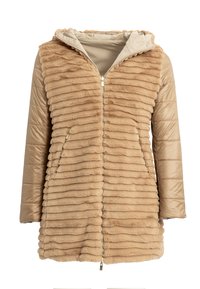 Giacca zip-up color beige con cappuccio, caratterizzata da una texture in velluto rigato sul davanti e maniche lisce e trapuntate. Inclusi due taschini laterali.
