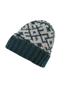 Knitted winter beanie with dark green ribbed cuff and cream and green geometric pattern on top, featuring a small black brand tag.