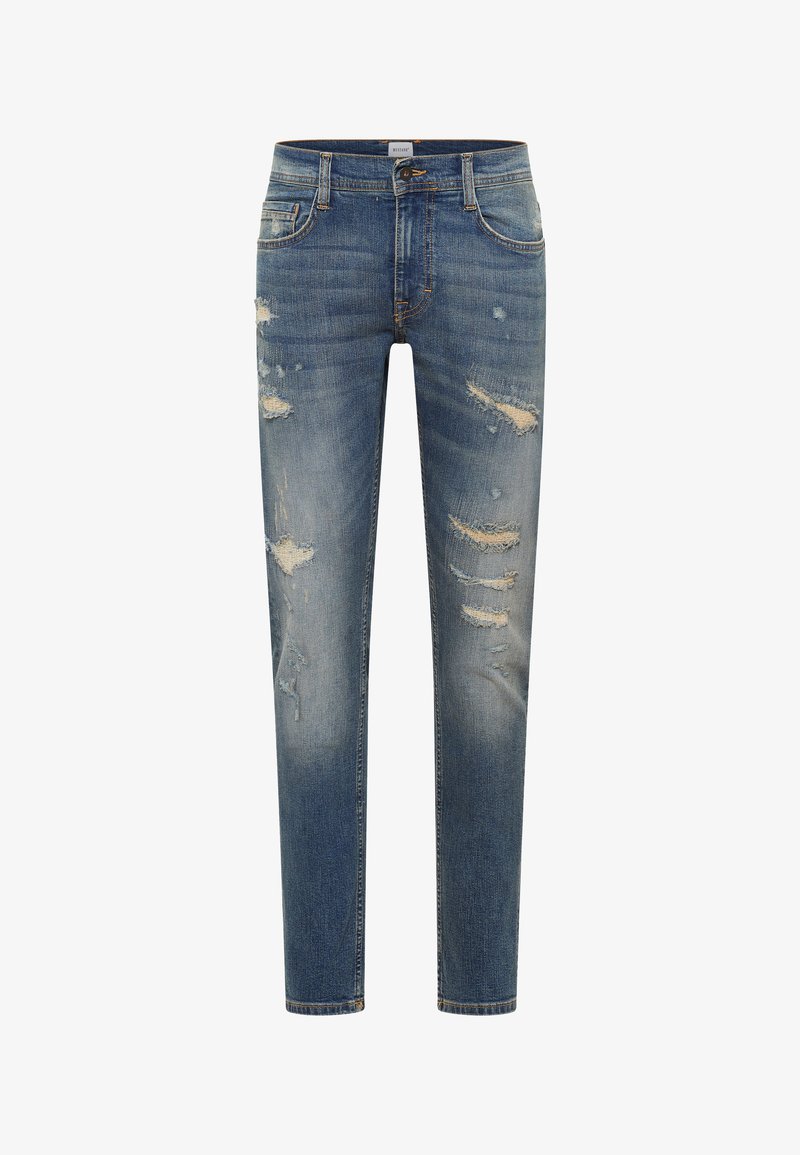 Skinny-fit blue denim jeans with distressed detailing, featuring several rips, classic five-pocket design, and a waistband with a button closure.