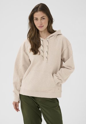 Pullover-Hoodie aus einem leichten beige Farbmix mit einer Kapuze mit Kordelzug, Kängurutasche und gerippten Bündchen. Mit Logodetail auf der Vorderseite.
