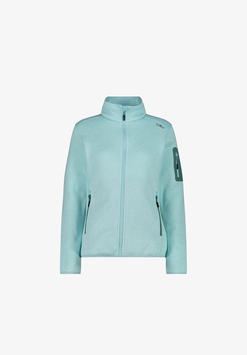 Light blue fleece jacket with a high collar, full zipper, two zippered side pockets, and a patch design on the left arm.