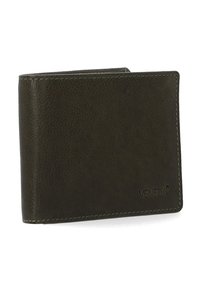 Donkergroene leren portemonnee met een gestructureerde afwerking, voorzien van contrasterende stiksels en een klein geperst logo. Compact bi-fold ontwerp.