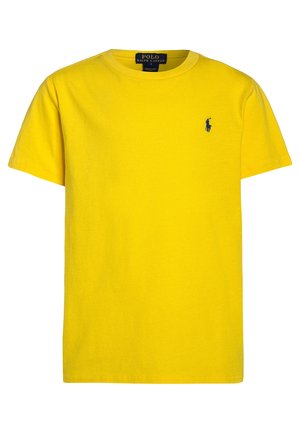 Hellgelbes T-Shirt mit kurzen Ärmeln und Rundhalsausschnitt, mit kleinem dunkelblauem Polo Ralph Lauren-Logo auf der linken Brust bestickt.