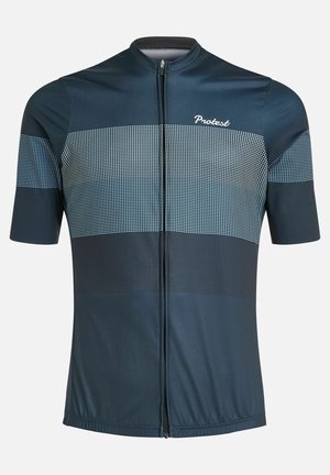 Korte mouwen fietsshirt in donker marineblauw met lichtblauwe stippenpatronen over de borst. Voorzien van een rits aan de voorkant en prestatiegerichte stof.