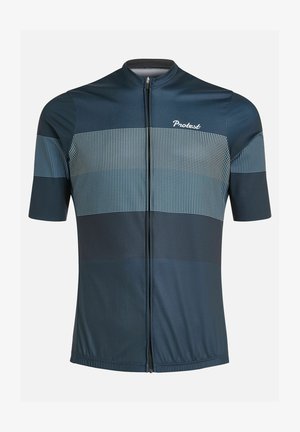 Short-sleeve cycling jersey in dark navy with light blue dotted patterns across the chest. Features a front zipper and performance fabric.