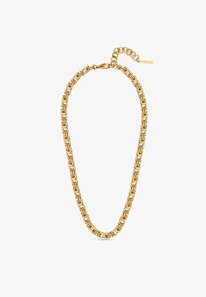 Gouden ketting met rechthoekige schakels, voorzien van een gestructureerde afwerking en een verstelbare sluiting voor maatvariatie.