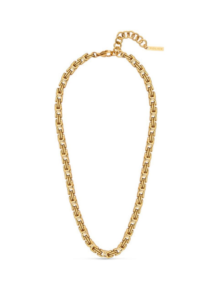 Collana in oro con maglie rettangolari, caratterizzata da una finitura testurizzata e un gancio regolabile per variare la misura.