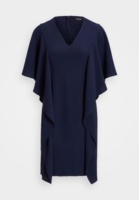 Marinblå klänning med V-ringning och korta, svängande ärmar. Tillverkad av mjukt tyg och med dragkedja bak.