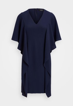 Vestito blu navy con scollatura a V e maniche corte a pieghe. Realizzato in tessuto morbido, presenta una chiusura con zip sul retro.