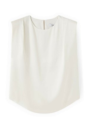 Ärmellose, elfenbeinfarbene Bluse mit rundem Ausschnitt und leichten Falten an den Schultern, ausgestattet mit einer Knopfleiste auf der Rückseite.