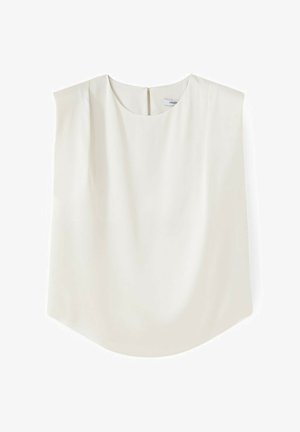 Ärmellose, elfenbeinfarbene Bluse mit rundem Ausschnitt und leichten Falten an den Schultern, ausgestattet mit einer Knopfleiste auf der Rückseite.