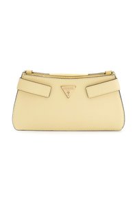 Borsa sintetica gialla con logo triangolare, chiusura con zip e due accenti con cinturino ai lati. Texture liscia con forma rettangolare.