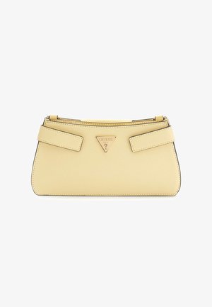 Yellow synthetic handbag with a triangular logo, zip closure, and two strap accents on sides. Smooth texture with a rectangular shape.