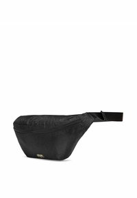 Czarna saszetka na pas wykonana z fakturowanej tkaniny z subtelnym okrągłym wzorem. Posiada zasuwaną kieszeń oraz regulowany pasek.