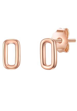 Ohrringe aus Roségold mit einem länglichen ovalen Design, einer glatten, glänzenden Oberfläche und einem blütenförmigen Rücken.