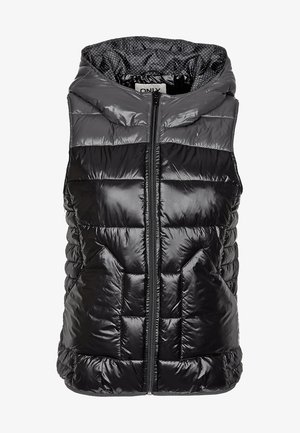 Schwarze gepolsterte Weste mit glänzender Oberfläche, Reißverschluss und Kapuze. Das Innere weist ein kontrastierendes Punktmuster auf. Weiche, gesteppte Textur.