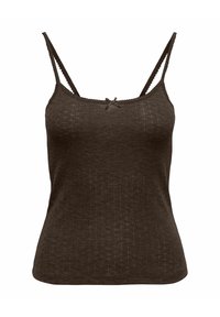 Camiseta sin mangas marrón con tirantes finos, tejido de punto texturizado, con encaje en el escote y un pequeño detalle de lazo en la parte frontal central.