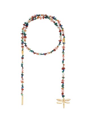 Colorful beaded necklace featuring various natural stones, gold accents, and a dragonfly pendant, showcasing intricate patterns and shapes.