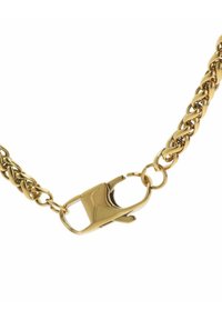 Złoty łańcuszek z ogniwami połączonymi ze sobą i zapięciem typu homar. Gładkie, połyskujące wykończenie; zapięcie otwiera się na jednym końcu, zapewniając bezpieczne zamknięcie.