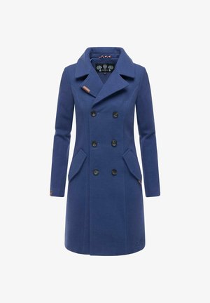 Marineblauer Wollmantel mit doppelter Knopfleiste, großem Reverskragen, zwei seitlichen Taschen, schwarzen Knöpfen und Lederakzenten am Halsausschnitt.