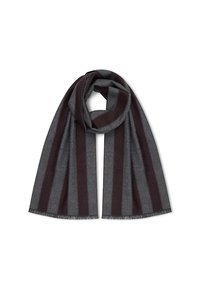 Wełniany szalik w szerokie ciemno burgundowe i szare paski, o miękkiej teksturze i frędzlach na brzegach dla lepszego wykończenia.