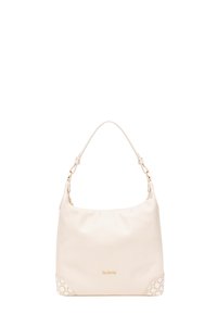 Weißer Lederhandtasche mit geschwungenem Design, strukturiertem Oberflächen und goldenen Akzenten. Die Basis weist ein gemustertes Design in Beige auf.