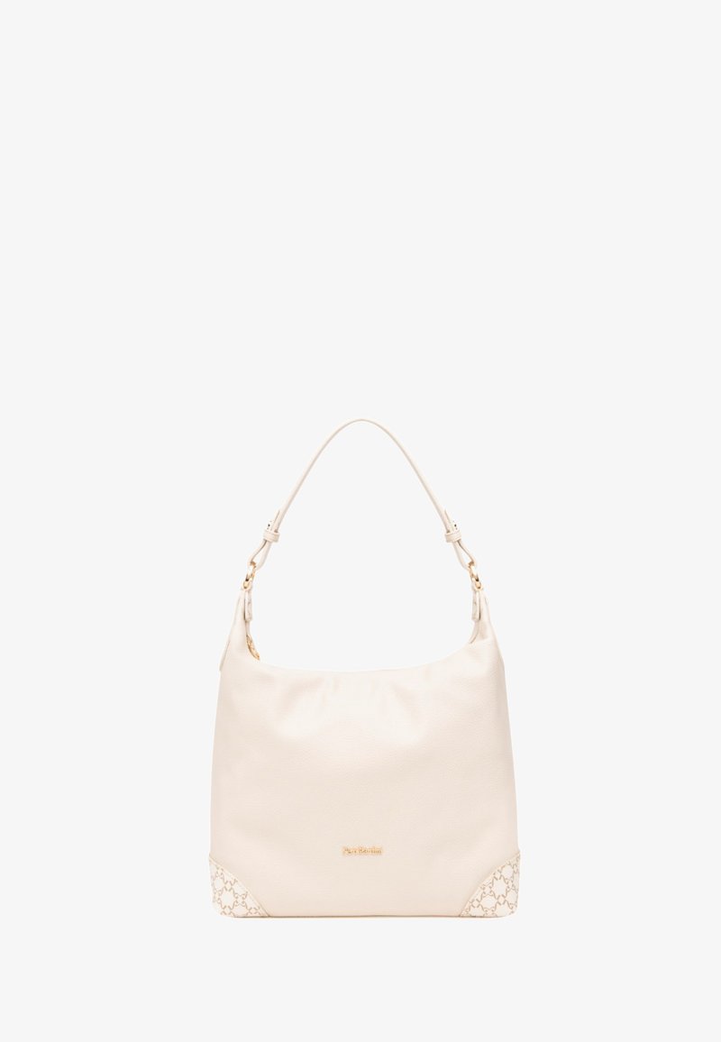White leather handbag with a curved shape, textured surface, and gold accents. The base features a patterned design in beige.