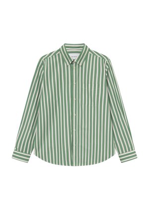 Zeleni i bijeli prugasti košulja na dugih rukava s ovratnikom i džepom na prsima. Izrađena od glatkog materijala s opuštenim krojem.