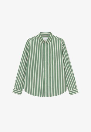 Zeleni i bijeli prugasti košulja na dugih rukava s ovratnikom i džepom na prsima. Izrađena od glatkog materijala s opuštenim krojem.