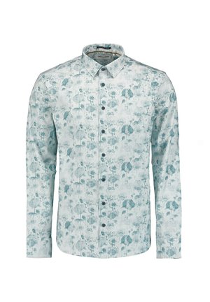 Hemd met lange mouwen met een lichtblauw bloemenpatroon op een witte stof, met een button-down kraag en donkere knopen.