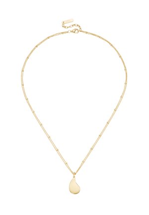 Delikate goldene Halskette mit kleinen Perlenakzenten und einem glatten, tropfenförmigen goldenen Anhänger in der Mitte.
