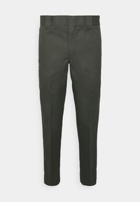 Dark green, slim-fit trousers made of smooth fabric with a flat front, belt loops, and a straight leg design. No visible pockets.