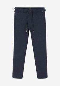 Navy blue, straight-leg trousers made of soft fabric with a drawstring waist, front pockets, and minimalistic design.