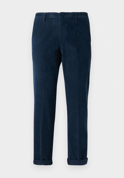 Navy blue corduroy men's trousers with belt loops, side pockets, front crease, and rolled cuffs.