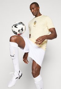 Puma šviesiai geltona marškinėliai su logotipu, balti šortai ir baltos kojinės iki kelių. Juoda ir balta futbolo kamuolys pusiausvyroje ant kelio.