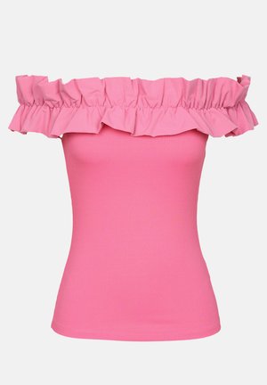 Fittet rosa off-shoulder topp med volangkant, laget av ribbet stoff. Korte ermer, jevn tekstur og en tettsittende silhuett.