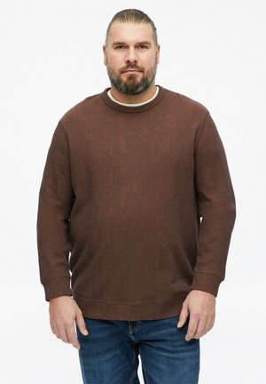 Mann mit Bart, der einen braunen Pullover mit langen Ärmeln und blaue Jeans trägt, steht vor einem weißen einfarbigen Hintergrund.