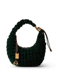 Dark green velvet woven handbag with braided handle, gold-tone hardware, and a buckle detail on a leather strap.